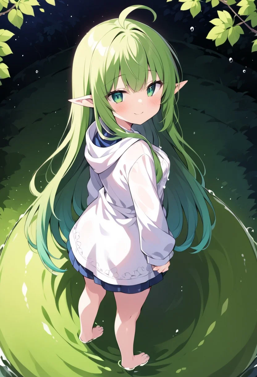 (masterpiece), (score_9, score_8_up, score_7_up,source_anime), 4K8K, best quality, high res image, illustration, Uncorrected, CG, 
(girl view from above. look-doen angle:1.3), from behind, 
1 elf woman sitting on a giant white grape slime, pretty white slime, (lot of white grape cubes around woman), (hair over breasts, long hair, hair censor:1.4), twinkle grape cube, 
slime, slime like a white grape, white grape slime, see-through slime, 
BREAK
small breasts, elf ears, 
(gradient hair, green hair, very long hair, Bangs covered eyes, ahoge, hair over breasts, hair censor), 
(hair blind eyes, half opened eyes, jitome, smile), 
wearing hooded robe, linen dress, culottes, denim short culottes, 
in orchard, fruit orchard, fruits trees,