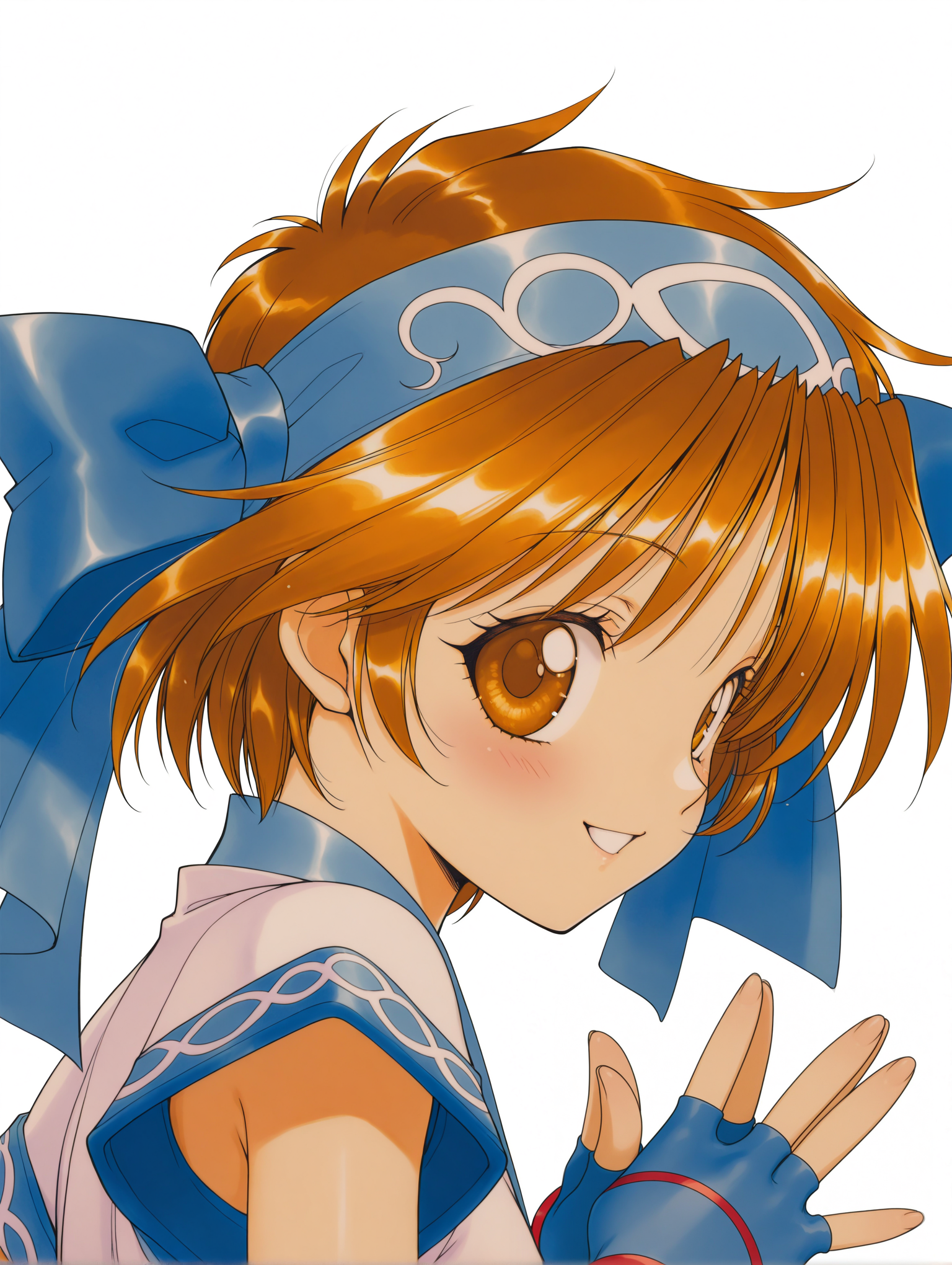 masterpiece,best quality,newest,1girl,solo,
<lora:rimururu_ilxl_v1.3:1>,n_rimu,short hair,brown hair,brown eyes,r_bow,
r_clothes,fingerless gloves,<lora:Fixhands_anime_bdsqlsz_V1:1>,white_background,simple_background,looking_at_viewer,smile,light_blush,face_focus,upper_body,steepled fingers,profile,