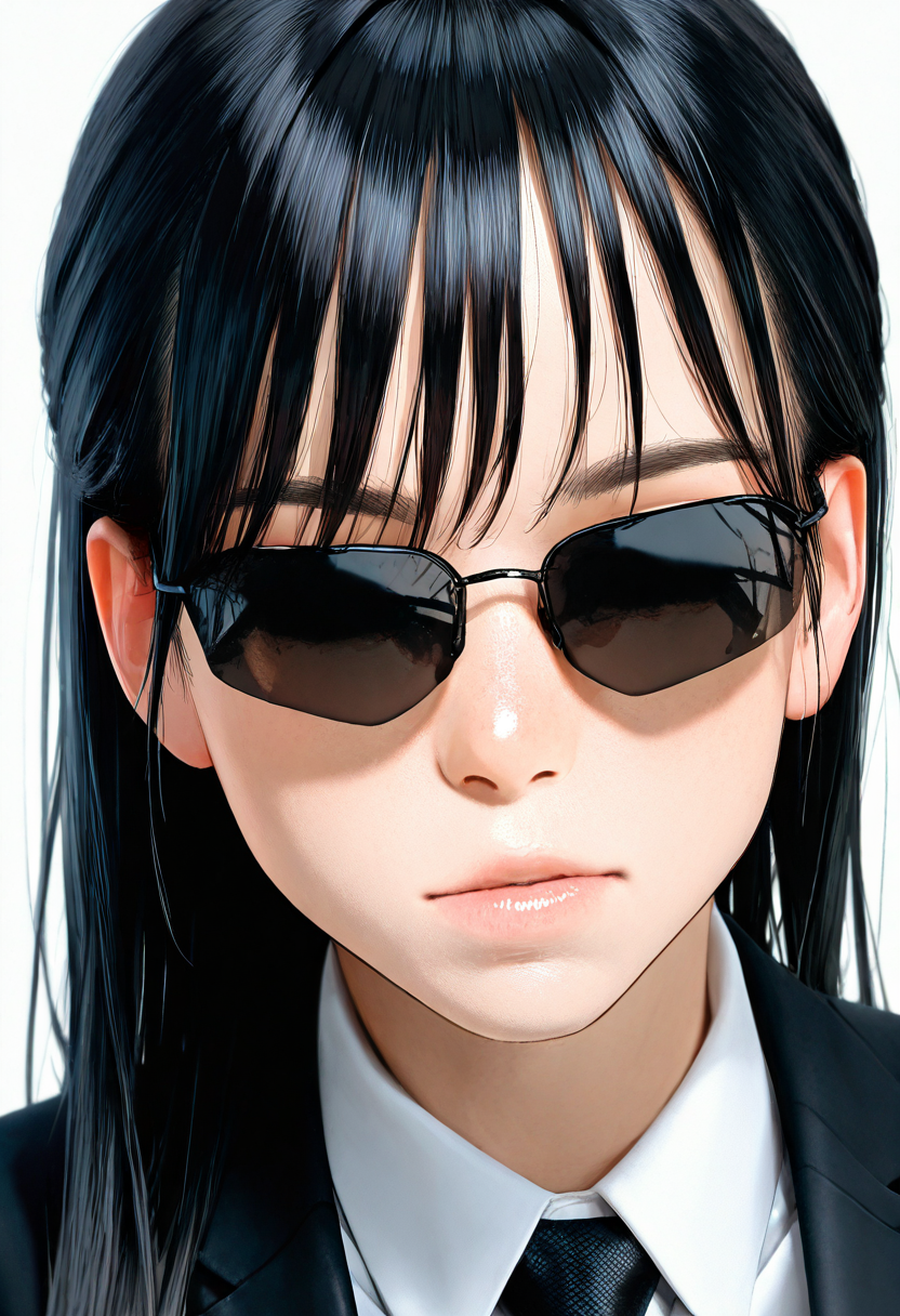 agtsg, sunglasses, dark black-tinted eyewear,
1girl, solo, black hair, long hair, formal, black suit, black necktie, collared shirt, covered eyes, simple background, white background, portrait, upper body,
masterpiece, best quality, amazing quality, very aesthetic, absurdres,
<lora:glasses_Agent_Smith_V1L:1>