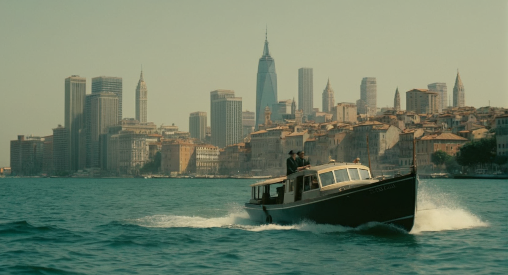 cinematic film still of  <lora:The Godfather Film Style:1.2>
a boat is in the water in front of a city The Godfather Film Style , shallow depth of field, vignette, highly detailed, high budget, bokeh, cinemascope, moody, epic, gorgeous, film grain, grainy