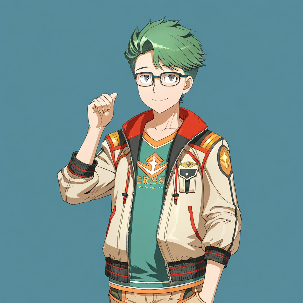 glasses, green hair, grey eyes, solo, shorts, short hair, jacket, 1boy, male focus