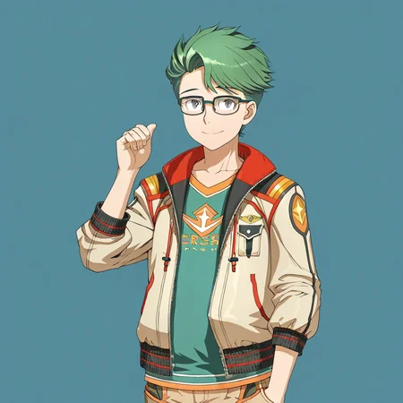 glasses, green hair, grey eyes, solo, shorts, short hair, jacket, 1boy, male focus