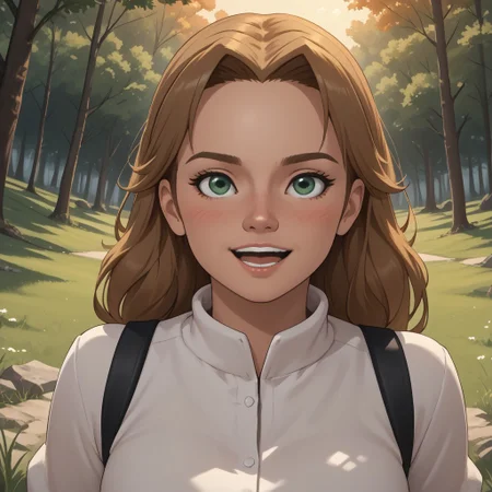 score_9, score_8, BREAK, solo, wii, mii, wii sports resort, 1girl, female mii, tree shaped nose, green eyes, light brown hair, open mouth, teeth, blush, white clothing, white pants, sandals, cute, nintendo mii, modern_mii, classic_mii, breasts, Ursula_(\Wii_Sports_Resort\), sexy pose, self portrait, smile, outdoors, sunlight, shadows, evening lighting, natural lighting, forest, trees, grass, orange sky, sunset