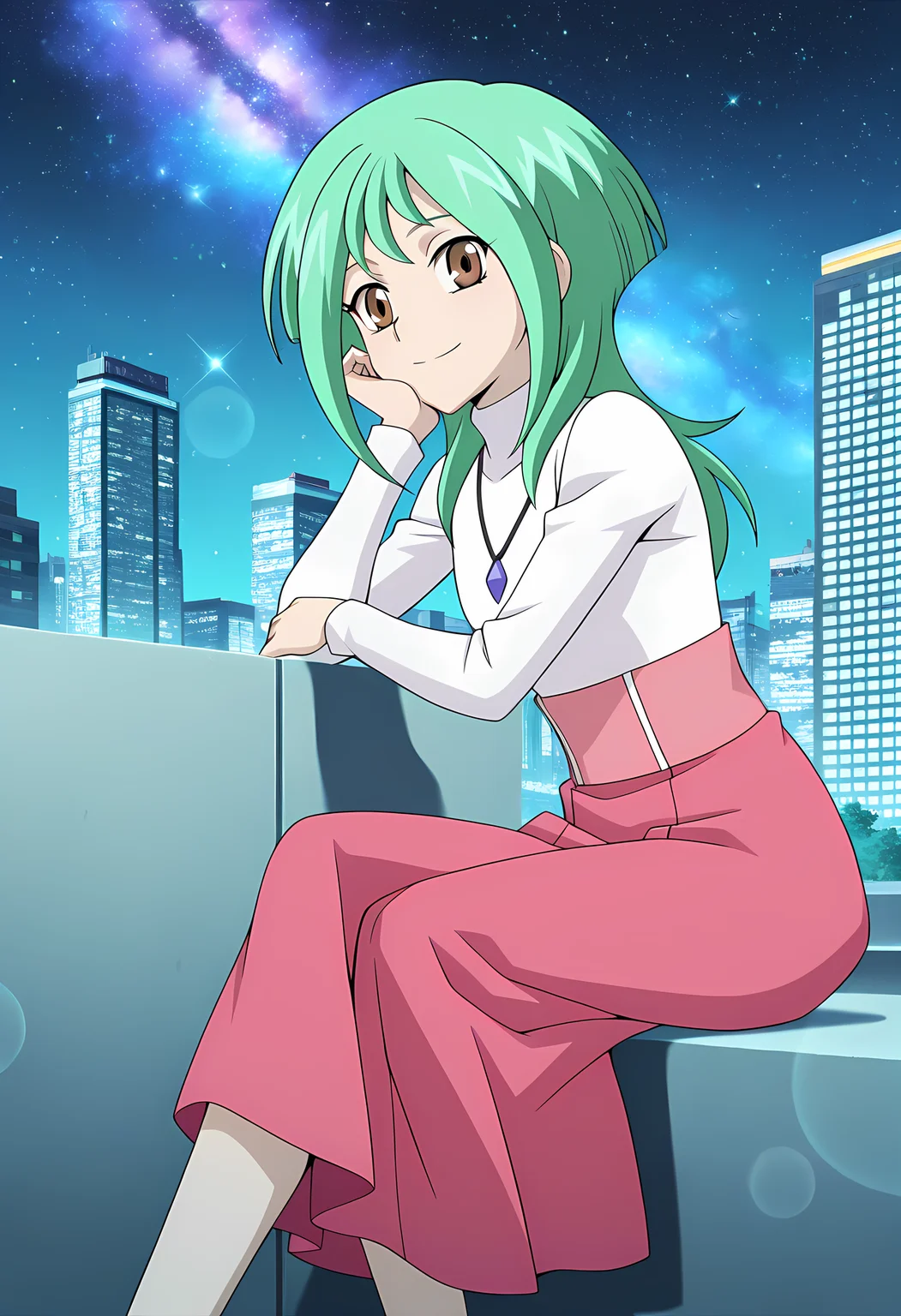 masterpiece,best quality,amazing quality,

solo, 

Tokoha Anjou (Cardfight Vanguard), long hair, green hair, brown eyes, 

white shirt, jewelry, necklace, pendant, turtleneck, long sleeves, from behind, pink skirt, long skirt, 

looking at viewer, smile, cheeks leaning on arm,

cinematic, crossing legs, 

Outdoors, night, On top skyscraper, sci-fi city, (galaxy sky:1.2),

Lens flare, bloom, detailed shadow,

Official style, anime screencap, anime coloring,












