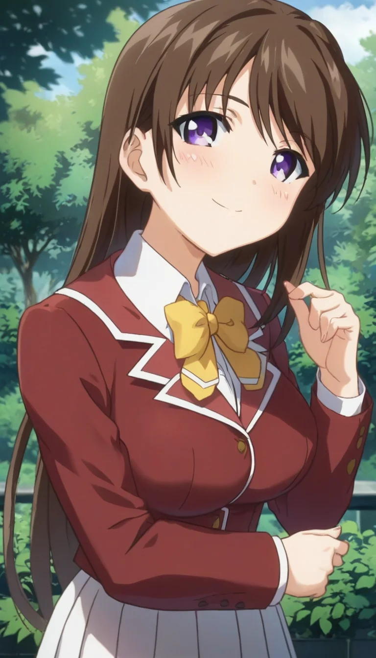 score_9,score_8_up,score_7_up,score_6_up BREAK official art,solo,outdoors,upper body,(portrait:1.5),looking at viewer,facing viewer,smile,blush,(petite:1.5),Akitsuki Marina,long hair,brown hair,bangs,purple eyes,school uniform,red jacket,blazer,yellow bowtie,collared shirt,white shirt,long sleeves,large breasts,miniskirt,pleated skirt,white skirt,white socks,loafers,<lora:Akitsuki Marina(oc)-Pony:1.5>,