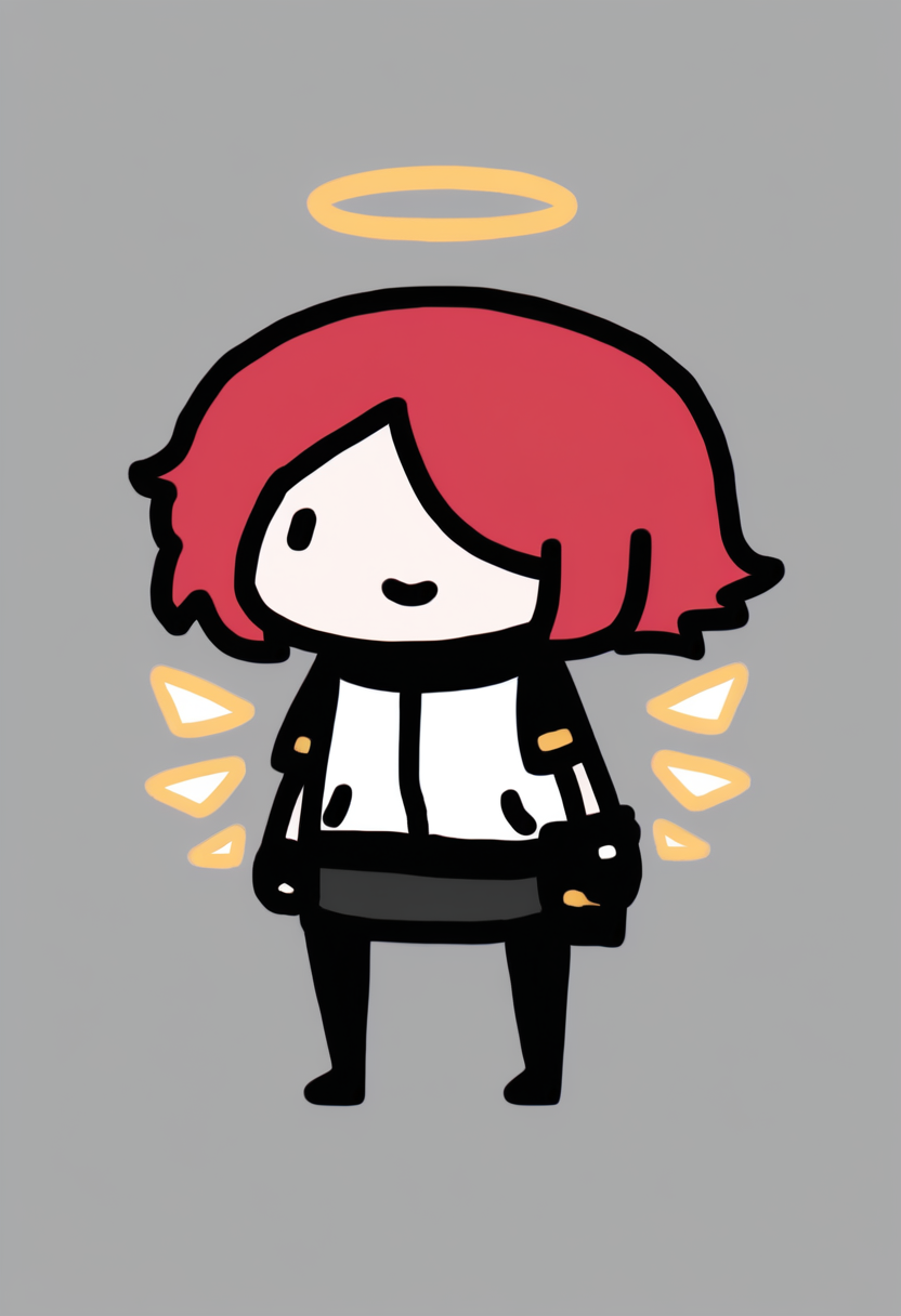 masterpiece, best quality, chibi, full body, solo, 1girl, exidef, detached wings, energy wings, smile, standing, short hair, red hair, hair over one eye, halo, dot eyes, white jacket, id card, black belt, belt pouch, short sleeves, raglan sleeves, black gloves, fingerless gloves, black skirt, miniskirt, black pantyhose, simple background