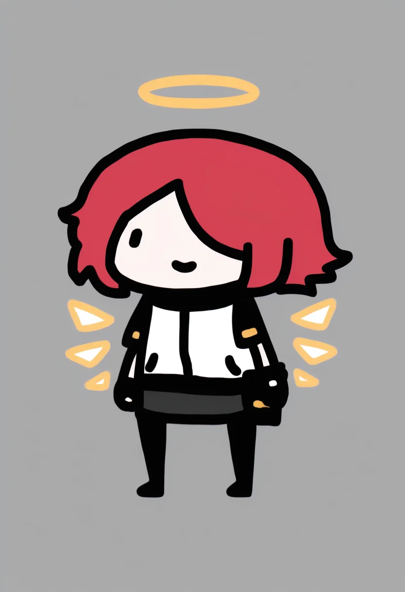 masterpiece, best quality, chibi, full body, solo, 1girl, exidef, detached wings, energy wings, smile, standing, short hair, red hair, hair over one eye, halo, dot eyes, white jacket, id card, black belt, belt pouch, short sleeves, raglan sleeves, black gloves, fingerless gloves, black skirt, miniskirt, black pantyhose, simple background