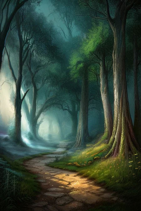 score_9, score_8_up, score_7_up, highly detailed, 
((detailed background, fantasy forest background, fog, glowing light, trees, grass, narrow path)), no people,