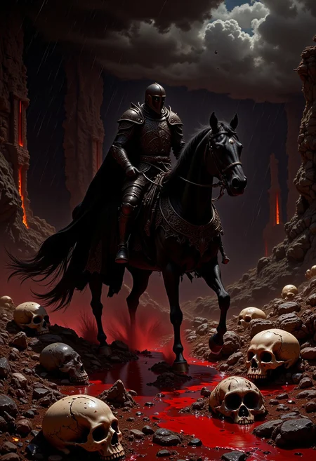 A medieval knight wearing black armor riding a black horse riding through blood red rain, the ground is covered in skulls and bones with droplets and rivulets of red rain on them, in the style of ck-ovf, mdnghtblckCE style