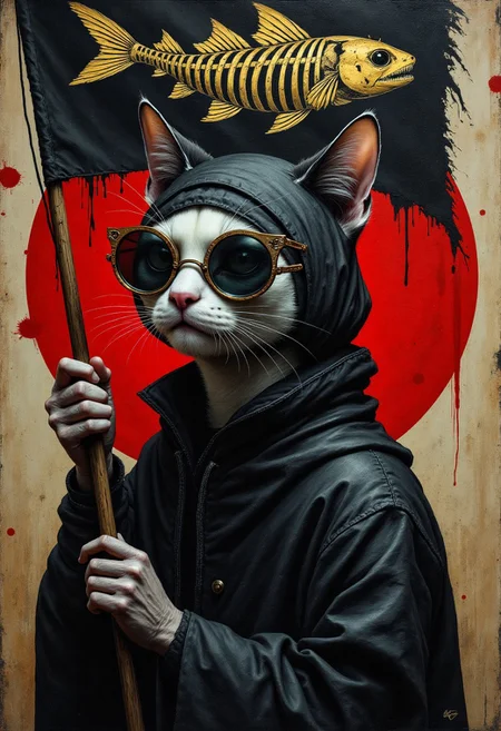Detailed oil painting, dark fantasy style. Stylized vintage illustration of a cat holding a black flag adorned with a golden fish skeleton symbol. The cat wears round black sunglasses and has a stern, slightly surreal expression, emphasized by expressive brushstrokes and fine linework. Rendered in dark, muted tones and rich textures, with bold red and black contrasted in the background to heighten the mysterious atmosphere. The overall image combines vintage aesthetics with a surreal, eerie mood, and a minimal, neutral background that highlights the textured and haunting character