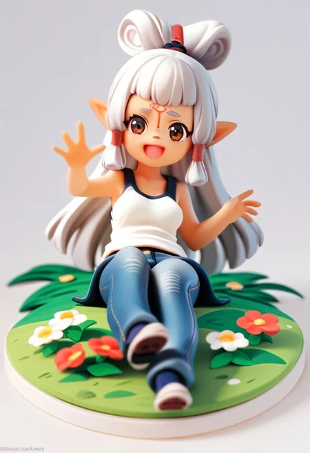zPDXL3, score_9, score_8_up, score_7_up, 1girl, solo, medium breasts,
pointy ears, brown eyes, forehead mark,
jeans, tank top,
grass, flowers, sitting, forest, running, open mouth, smile,
bowpaya, acvillager, chibi,