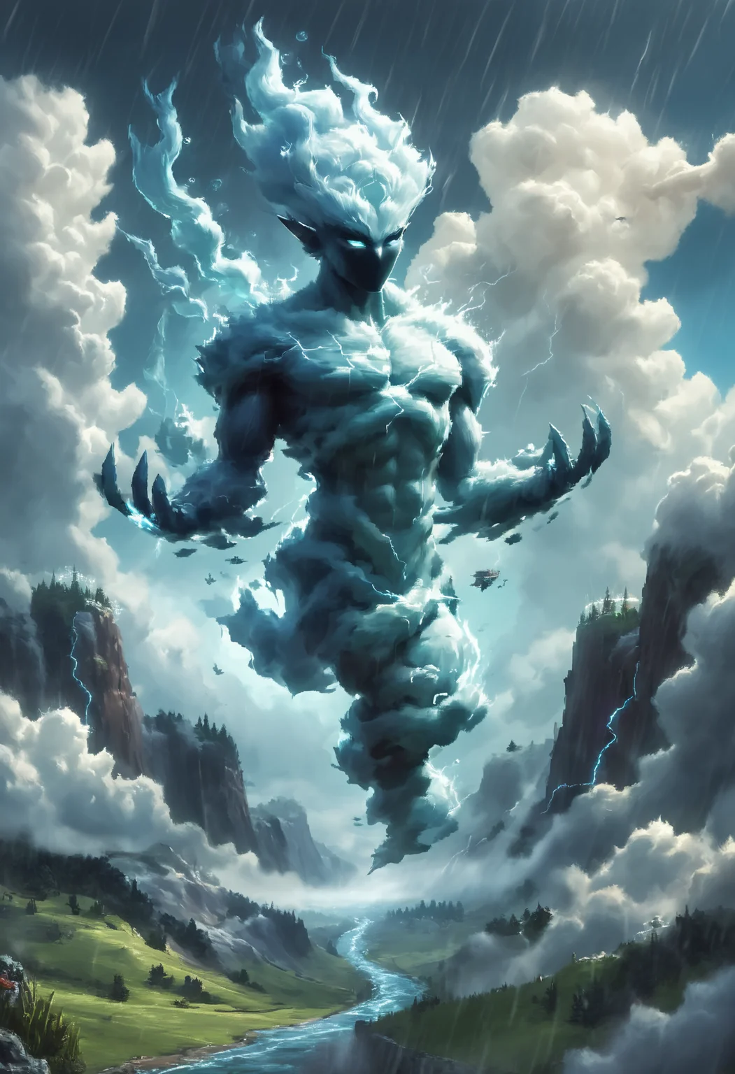score_9, score_8_up, score_7_up, score_6_up, score_5_up, score_4_up <lora:PonyAirElementals:1> Air Elemental, Fantasy landscape, swirling tornado, storm, ethereal magical air landscape, fairy-tale illustration, whimsical, magical atmosphere, stormy raining landscape