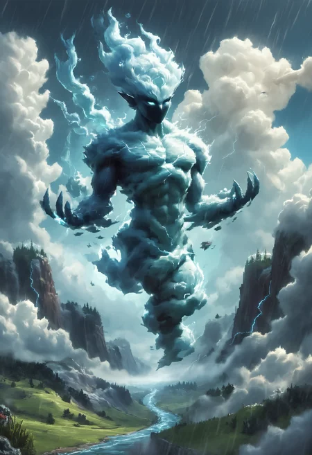 score_9, score_8_up, score_7_up, score_6_up, score_5_up, score_4_up <lora:PonyAirElementals:1> Air Elemental, Fantasy landscape, swirling tornado, storm, ethereal magical air landscape, fairy-tale illustration, whimsical, magical atmosphere, stormy raining landscape
