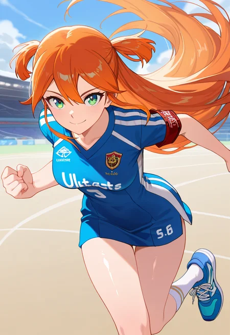 masterpiece, best quality, amazing quality, very aesthetic, absurdres, newest, illustration, perfect composition, intricate details, highres, uncensored, general, 1girl, solo, (cowboy shot:1.2), elsha lean, green eyes, orange hair, long hair, very long hair, medium breasts, blue sportswear, running clothes, breasts, clothes writing, english text, running dress, short dress, short sleeves, socks, [running shoes, athletic shoes], armband, looking at viewer, smile, outdoors, shiny body, shiny skin, skindentation, clear skin, shiny hair, ultra detailed eyes, depth of field, sharp, intricate details, hyperdetailed, ultra-detailed, detailed clothing folds, high contrast, dynamic light <lora:Elsha Lean_Back Arrow_ill:0.8>