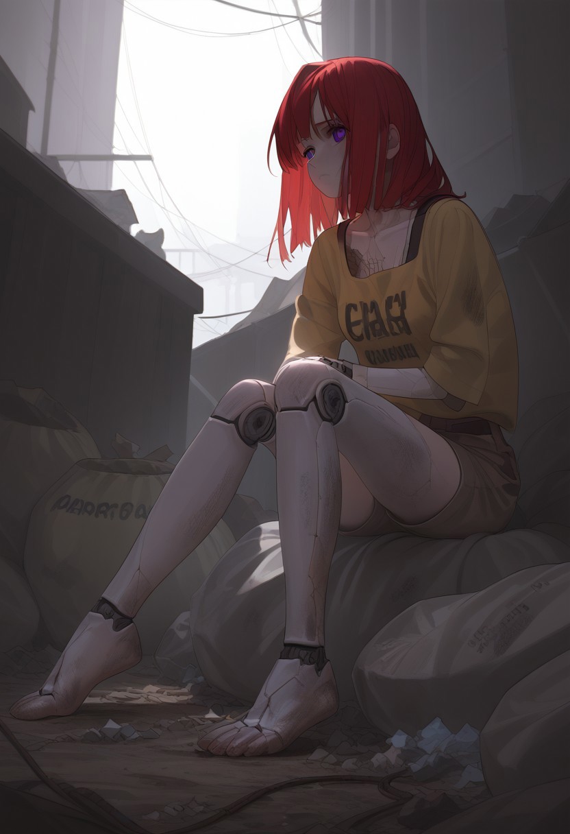 abbystea style, detailed,masterpiece,score_9,score_8_up,score_7_up,score_6_up,1girl,female, solo,anime,red hair, medium hair,purple eyes,metal skin,wire,(cracked skin),melancholy,joints,android,mechanical parts,dark,cyberpunk,sitting,trash bag,trash,slums,dirty,clutter,sad,barefoot,poverty,catharsis,cracked face, fullbody, dramatic lighting,yellow tshirt,source_anime, outdoors, sad face, close up, low angle, khaki shorts, ripped clothes, medium breasts