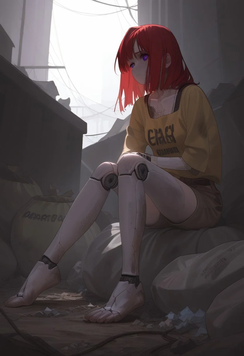 abbystea style, detailed,masterpiece,score_9,score_8_up,score_7_up,score_6_up,1girl,female, solo,anime,red hair, medium hair,purple eyes,metal skin,wire,(cracked skin),melancholy,joints,android,mechanical parts,dark,cyberpunk,sitting,trash bag,trash,slums,dirty,clutter,sad,barefoot,poverty,catharsis,cracked face, fullbody, dramatic lighting,yellow tshirt,source_anime, outdoors, sad face, close up, low angle, khaki shorts, ripped clothes, medium breasts