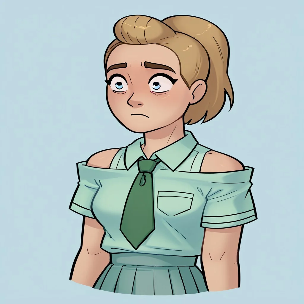 score_9, score_8_up, score_7_up, relatedguy, bust shot, solo, bare shoulders, CHAdora, simple background, one colour background, light blue background, Guilty, Downcast eyes, slumped shoulders, and a slightly ashamed expression, School Uniform, Green Tie, Green Collar Shirt, Skirt, Pleated Skirt, Short Sleeves, Long Socks,