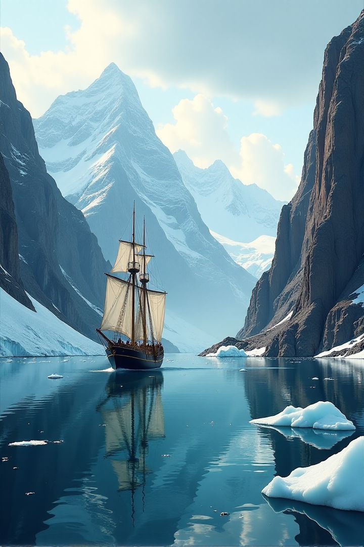 "Imagine a voyage through the Strait of Magellan as described in 'Magellanica,' depicting a dramatic passage through a narrow, fjord-like waterway with towering, snow-capped mountains rising on either side.  Sailing ships with billowing white sails navigate the treacherous currents, dwarfed by the immense scale of the Patagonian landscape.  Icebergs drift in the frigid waters, adding to the sense of remote and awe-inspiring wilderness.  Explorers on deck, bundled against the cold, gaze in wonder at the breathtaking, untouched beauty of this remote corner of the world.  Capture the scene with a sense of adventurous exploration and the raw majesty of nature. Use a dramatic, windswept lighting scheme emphasizing the grandeur of the mountains and the vastness of the sky, a cool, majestic color palette of blues, whites, greys, and deep greens, highlighting the icy landscape and the sailing ships against it.  Wide panoramic shot emphasizing the scale of the landscape and the ships' journey through it, painterly style, romantic landscape painting influence, evoke a sense of wonder, exploration, and the raw beauty of the natural world, 8k resolution, oil painting effect, visually stunning and emotionally evocative."âââ
