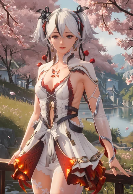 score_9, score_8_up, score_7_up,ohwx, 1girl, solo, breasts, multicolored_hair, jewelry, hair_between_eyes, twintails, white_hair, streaked_hair, earrings, hair_ornament, black_hair, flower, short_hair, blue_eyes, ribbon, hair_ribbon, blue_hair, medium_breasts,dress, white_dress, clothing_cutout, pantyhose, white_pantyhose, detached_sleeves, cleavage, bug, butterfly, sideboob,blurry background, upper body, close-up, cowboy shot, dutch angle, against railing, hair tucking, looking at viewer, (cherry blossoms:1.1),<lora:camellya_pony_sobsynapse-000002:1>