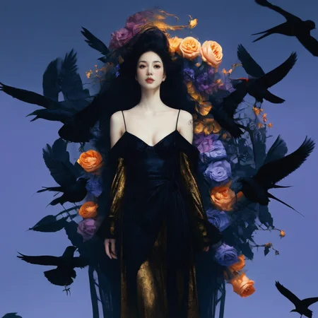<lora:LangV2:1>, <lora:add-detail-xl:1.0>, 1girl, black hair, solo, flower, bird, dress, black dress, long hair, crow, rose