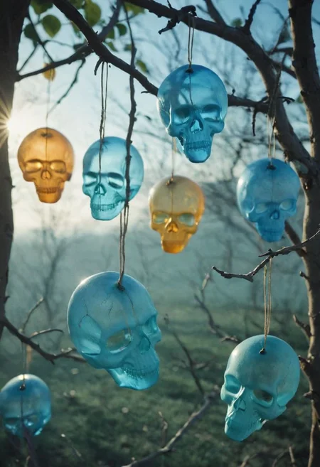lowangleview-3000, Many small colorful translucent sss skulls hanging on a dried tree Like eastereggs, dried scorched earth, Blue Sky, Film grain, cinematic film still, shallow depth of field, highly detailed, high budget, cinemascope, moody, epic, OverallDetail, 2000s vintage RAW photo, photorealistic, candid camera, color graded cinematic, atmospheric lighting, imperfections, natural, shallow dof