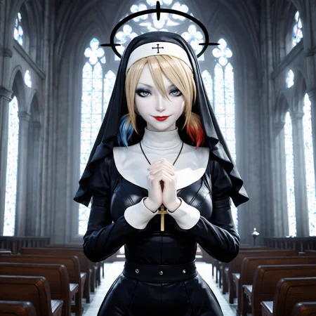 masterpiece, best quality, 3d, game cg, closed mouth, looking at viewer, seductive smile, 1girl, solo, harleyqbak, short twintails, multicolored hair, blonde hair, red hair, blue hair, blue eyes, pale skin, makeup, eyeshadow, lipstick, church, nun, habit, long sleeves, dress, black dress, jewelry, black veil, cross, cross necklace, own hands together, praying, halo <lora:Harley_Quinn_Batman_Arkham_Knight:0.7>