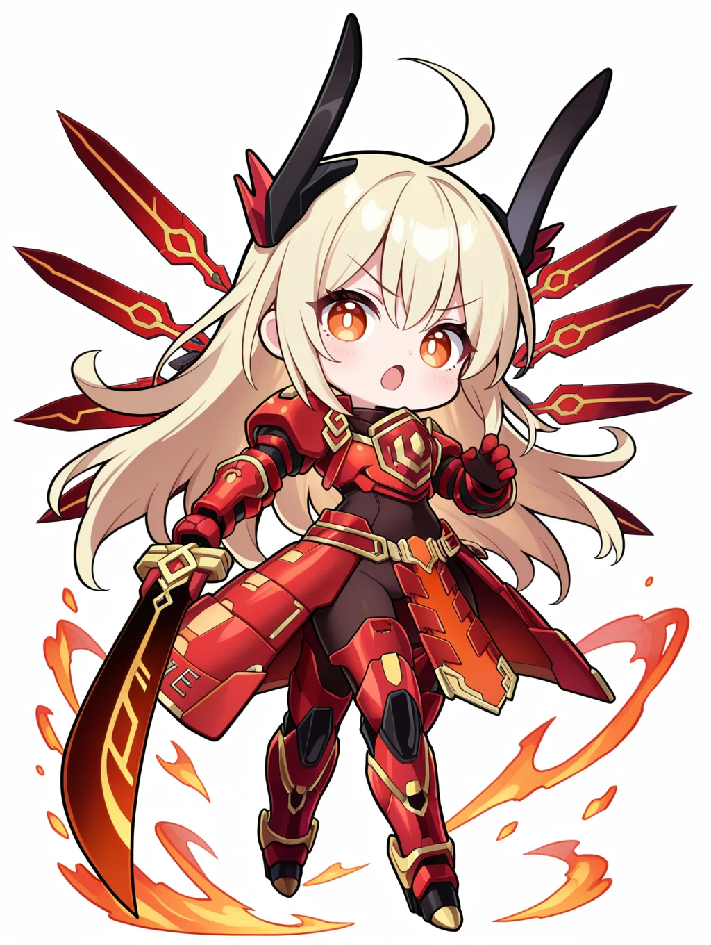chibi, sky striker ace - raye, red power armor, mecha musume, official alternate costume, 1girl, solo, pyrokinesis, red huge sword, holding red huge sword, white background, v-shaped eyebrows, looking at viewer, full body, open mouth, simple background, standing, orange eyes, black bodysuit, red headgear, red sword wings, red armored gloves, red breastplate, red mechanical boots, reverse grip,
masterpiece,best quality,amazing quality,very aesthetic,absurdres,newest,<lora:Sky striker ace - kagari illusXL v1:0.7>,