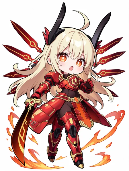 chibi, sky striker ace - raye, red power armor, mecha musume, official alternate costume, 1girl, solo, pyrokinesis, red huge sword, holding red huge sword, white background, v-shaped eyebrows, looking at viewer, full body, open mouth, simple background, standing, orange eyes, black bodysuit, red headgear, red sword wings, red armored gloves, red breastplate, red mechanical boots, reverse grip,
masterpiece,best quality,amazing quality,very aesthetic,absurdres,newest,<lora:Sky striker ace - kagari illusXL v1:0.7>,