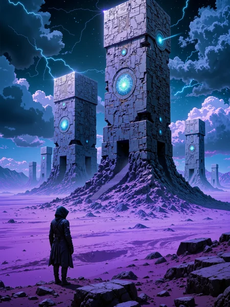 cinematic sci-fi film still, ultra-detailed and photorealistic, an endless alien desert of deep purple sand stretches toward the horizon, vast dunes sculpted by unseen winds, at its heart, towering black obelisks of impossible height rise into the stormy sky, their surfaces covered in intricate, glowing inscriptions that pulse and flicker with an eerie, indecipherable energy, the geometric arrangement of the structures hints at an ancient, forgotten intelligence beyond human comprehension. in the foreground, a lone traveler stands at the base of the nearest monolith, their silhouette dwarfed by the immense scale of the structure, a tattered hooded cloak billows in the dry wind, dust swirling at their feet, footprints already vanishing as the deep purple sand shifts, the traveler gazes at the structures, bathed in the unearthly glow of the inscriptions, a mix of reverence and fear in his posture. the image is a low-angle shot, emphasizing the towering grandeur of the obelisks and the insignificance of the lone figure, leading lines formed by the monoliths guide the viewer's eye into the vast expanse, additional obelisks barely visible in the hazy distance, their details softened by the atmospheric dust. the lighting is cinematic and moody, a deep indigo sky crackling with distant energy storms, faint auroras weaving through swirling clouds, the inscriptions emit a cold, spectral glow, casting soft, moving light on the surrounding sand and the traveler, occasional flashes of lightning in the far distance illuminate even more forgotten structures beyond the horizon. photographed with a medium format digital camera, ultra-sharp details in the obelisks intricate carvings, soft depth of field adding cinematic realism, subtle chromatic aberration and lens flares enhancing the eerie glow of the inscriptions, the color palette is dominated by deep purple, shades of blue and obsidian black, evoking a haunting atmosphere of ancient power, mystery, and awe, <lora:style-legacy_of_the_forerunners-flux-by_bra2ha:0.72>