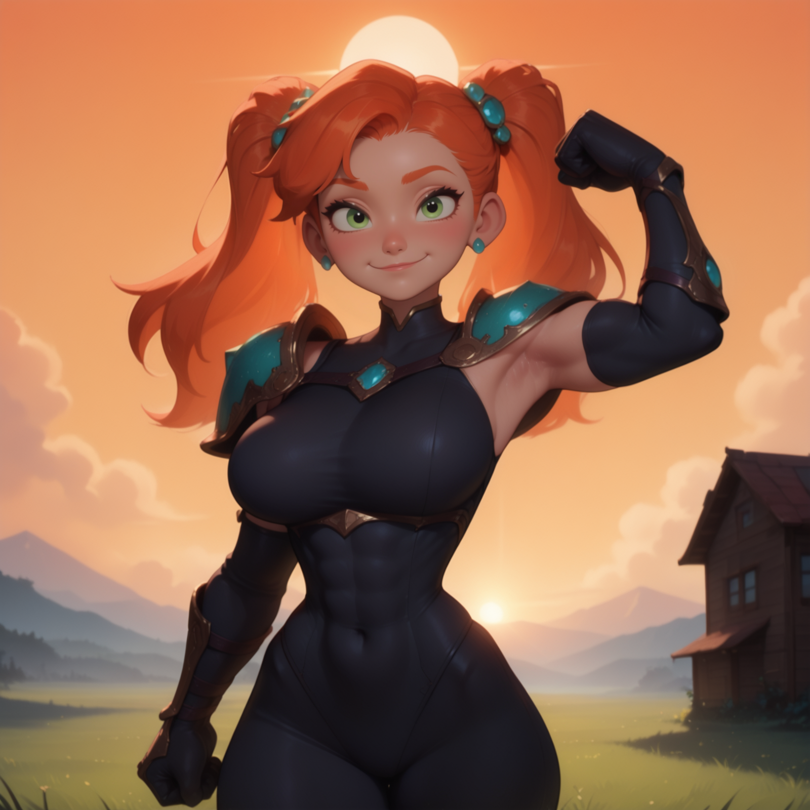 1girl, solo, breasts, looking at viewer, smile, gloves, twintails, jewelry, green eyes, earrings, outdoors, sky, elbow gloves, orange hair, armor, no humans, bodysuit, covered navel, muscular, abs, shoulder armor, scenery, sunset, mountain, sun, muscular female, flexing