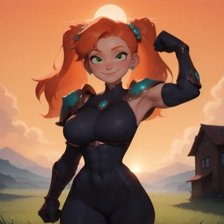 1girl, solo, breasts, looking at viewer, smile, gloves, twintails, jewelry, green eyes, earrings, outdoors, sky, elbow gloves, orange hair, armor, no humans, bodysuit, covered navel, muscular, abs, shoulder armor, scenery, sunset, mountain, sun, muscular female, flexing
