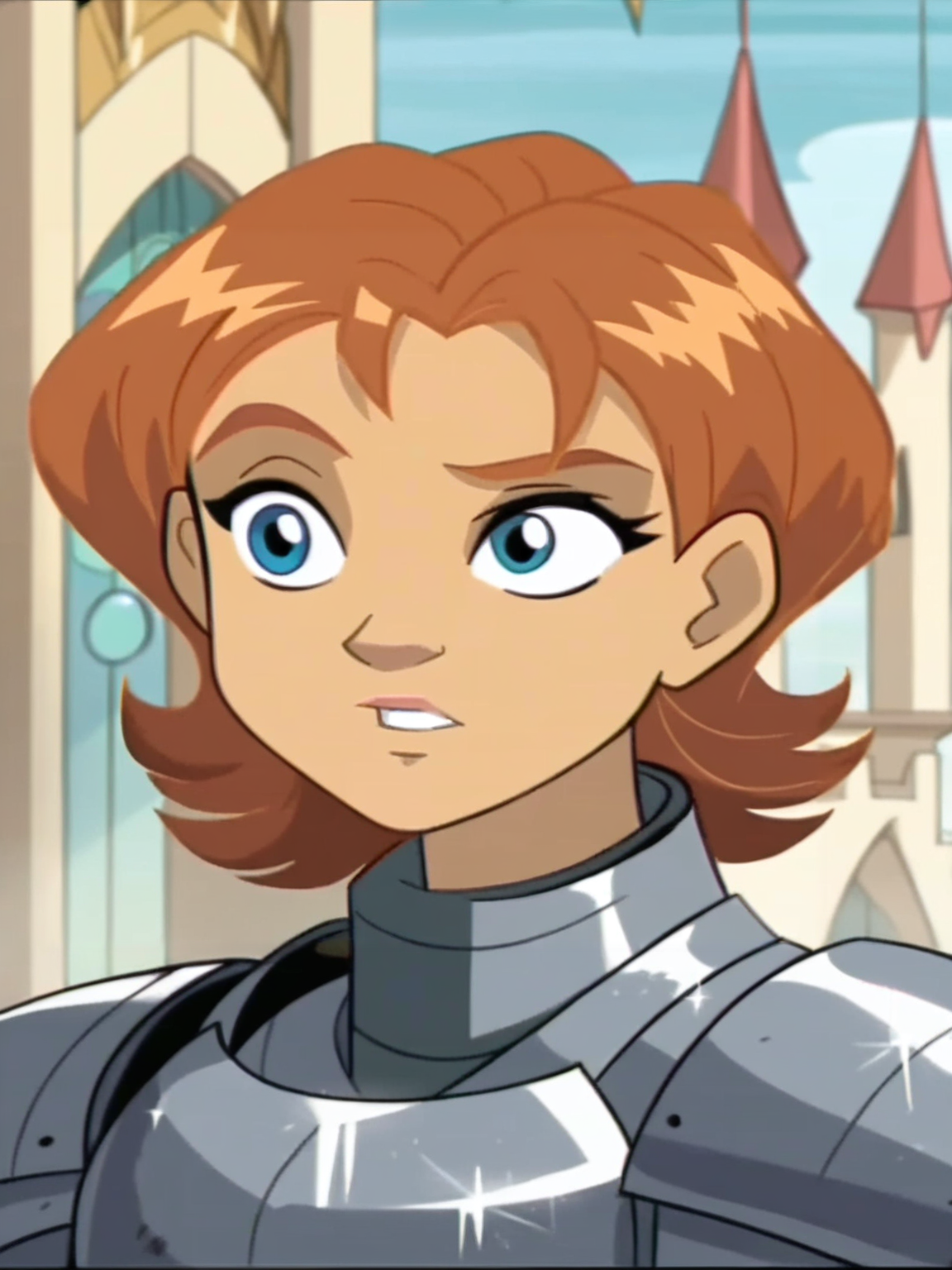 <lora:Irma_Lair:0.7>ir_ma, 1girl, auburn hair, short hair, slightly wavy hair, greenish-blue eyes, ((steel knight armor)), castle background, score_9, score_8_up, score_7_up,