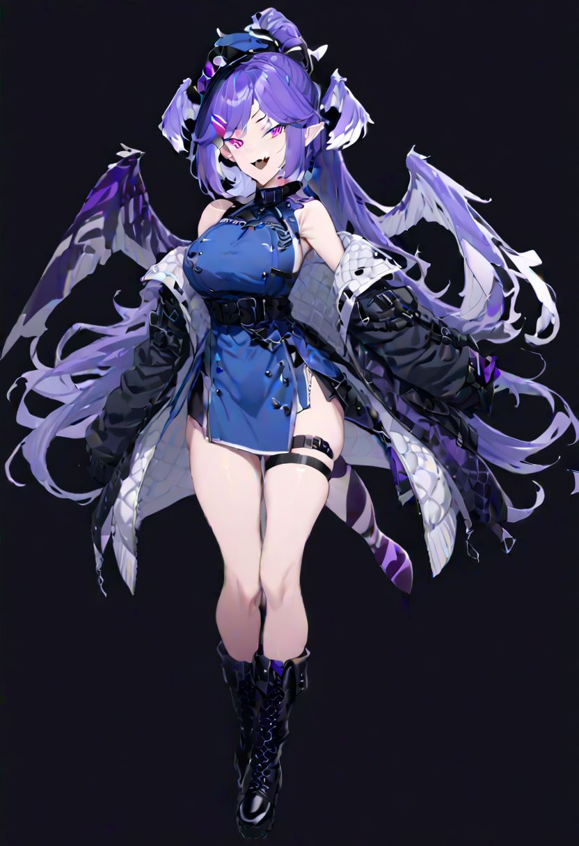 masterpiece, best quality, ultra-detailed, beautiful, nai3, 1girl, solo, full_body, tachi-e, 
selen tatsuki, boots, dress, tail, dragon tail, hat, blue dress, official alternate costume, dragon girl, sleeveless, ponytail, belt, smile, gloves, long hair, breasts, open mouth, very long hair, thigh strap, simple background, hair ornament, jacket, bangs, hairclip, fang, wings, black footwear, looking at viewer, black belt, pointy ears,