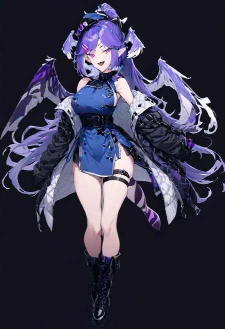 masterpiece, best quality, ultra-detailed, beautiful, nai3, 1girl, solo, full_body, tachi-e,
selen tatsuki, boots, dress, tail, dragon tail, hat, blue dress, official alternate costume, dragon girl, sleeveless, ponytail, belt, smile, gloves, long hair, breasts, open mouth, very long hair, thigh strap, simple background, hair ornament, jacket, bangs, hairclip, fang, wings, black footwear, looking at viewer, black belt, pointy ears,
