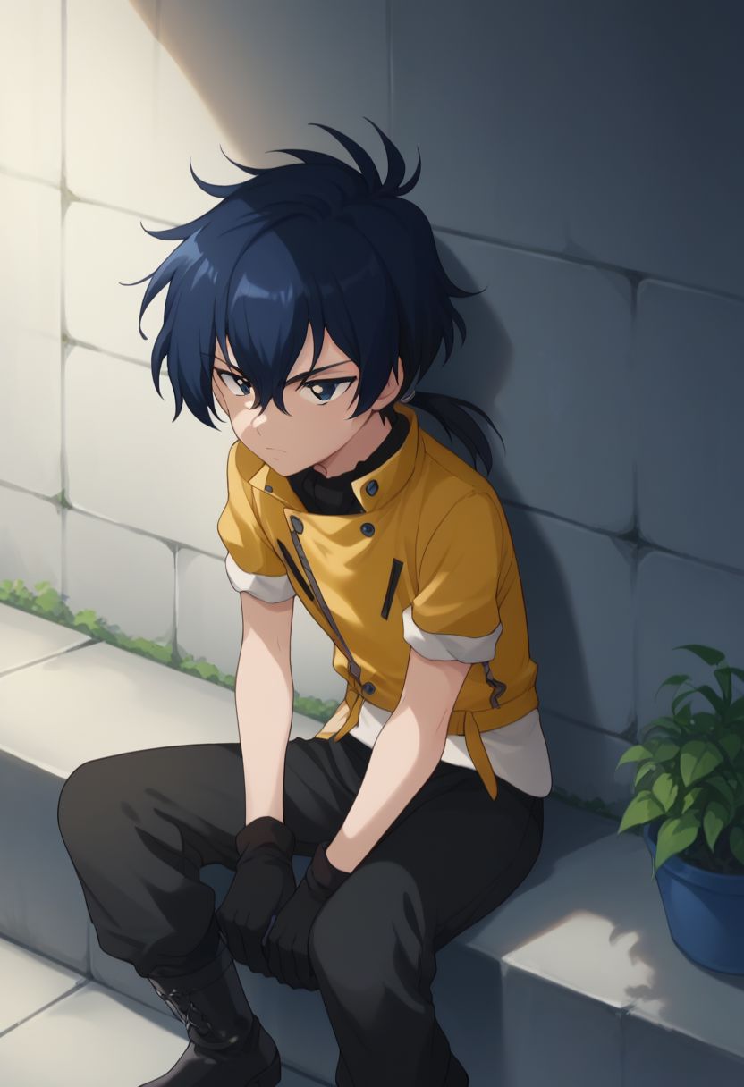 score_9, score_8_up, score_7_up, source_anime, highly detailed, 
samuru, 1boy, male focus, solo, gloves, blue hair, blue eyes, black gloves, pants, black hair, hair between hair, ponytail, low ponytail, boots.
outdoor, sit, sit on wall,
