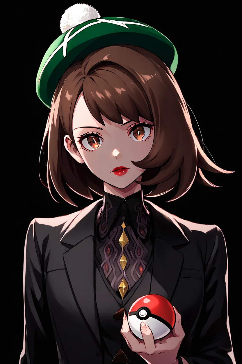high resolution, highly detailed, perfect lighting, beautiful detailed eyes, upper body, black background, 1girl, solo, <lora:Gloria_Pokemon_P1:0.8>, gloria (pokemon), green hat, brown hair, brown eyes, looking at viewer, black jacket, formal, suit, black background, red lips, curvy, head tilt, shiny clothes, holding pokeball,