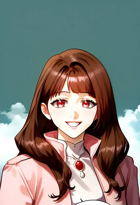 masterpiece, top quality, best quality, 1 girl, solo, long hair, brown hair, a pink jacket with a high collar, smile
