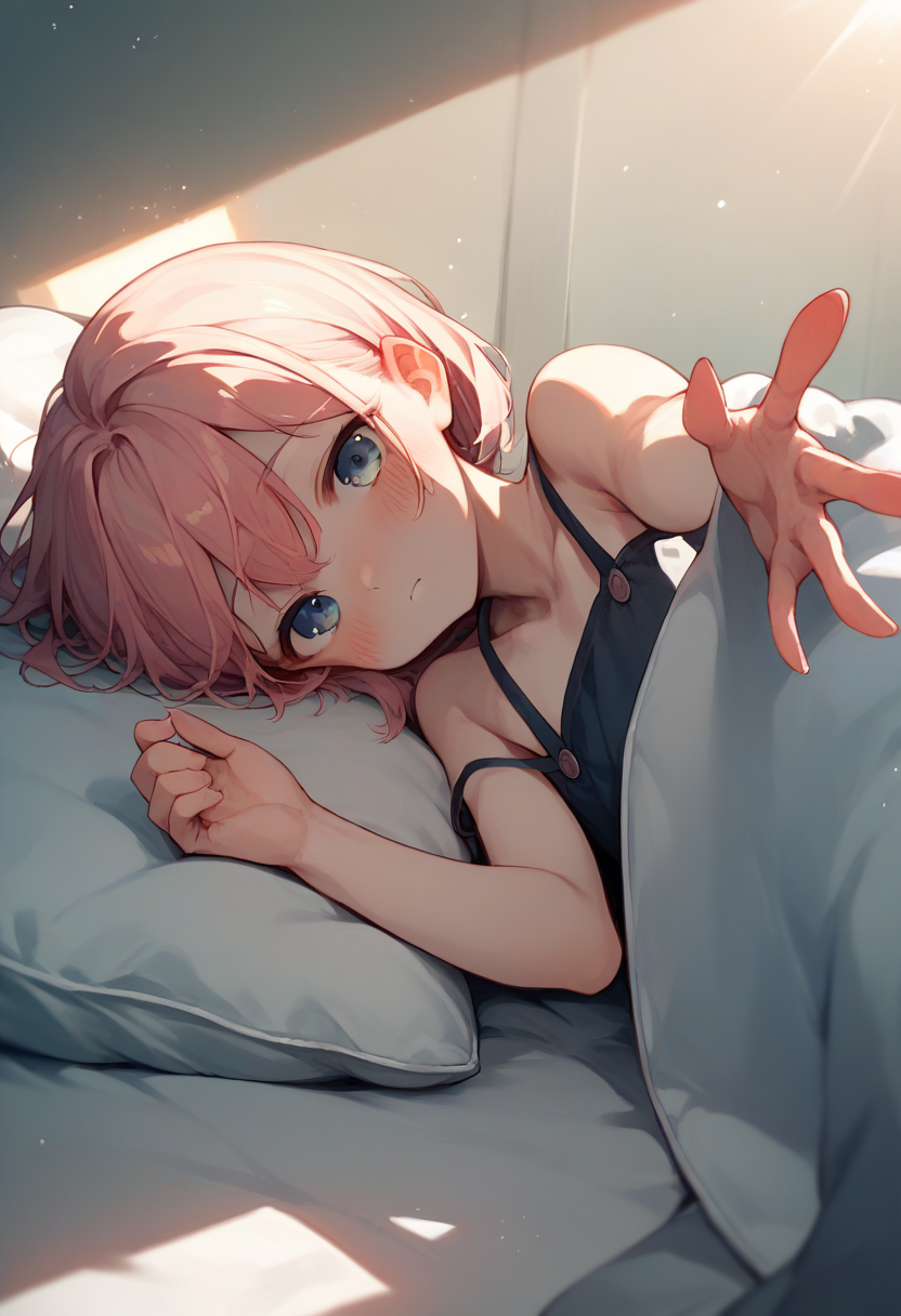 score_9, score_8_up, score_7_up, score_6_up, source_anime, 1girl, 
pov, on side, lying, upper body, 
looking at viewer, blush, pillow, under covers, sunlight, light particles, reaching towards viewer, bare shoulders, 
<lora:pov_across_bed_v0.1-pony:1>