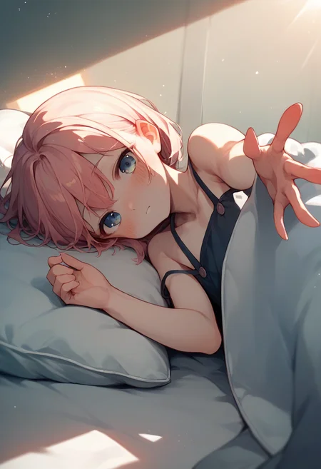 score_9, score_8_up, score_7_up, score_6_up, source_anime, 1girl,
pov, on side, lying, upper body,
looking at viewer, blush, pillow, under covers, sunlight, light particles, reaching towards viewer, bare shoulders,
<lora:pov_across_bed_v0.1-pony:1>