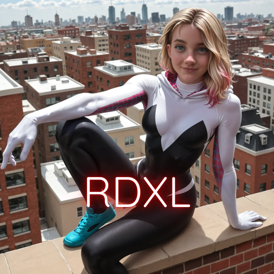 spider Gwen,blonde,female superhero,very beautiful,red and black and white costume,[photorealistic, realistic],blue eyes,teen,pink highlights,roof top of a building background,