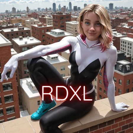 spider Gwen,blonde,female superhero,very beautiful,red and black and white costume,[photorealistic, realistic],blue eyes,teen,pink highlights,roof top of a building background,