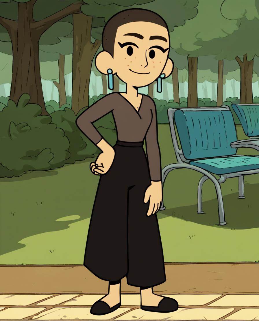 <lora:KatCOTCpony:0.85> kat, earrings, solo, shirt, 1girl, very short hair, brown hair, smile, black eyes, long sleeves, pants,shoes,outdoors, score_9, score_8_up, score_7_up, score_6_up, score_5_up, score_4_up, looking at viewer, hand on own hip, cowboy shot,park,