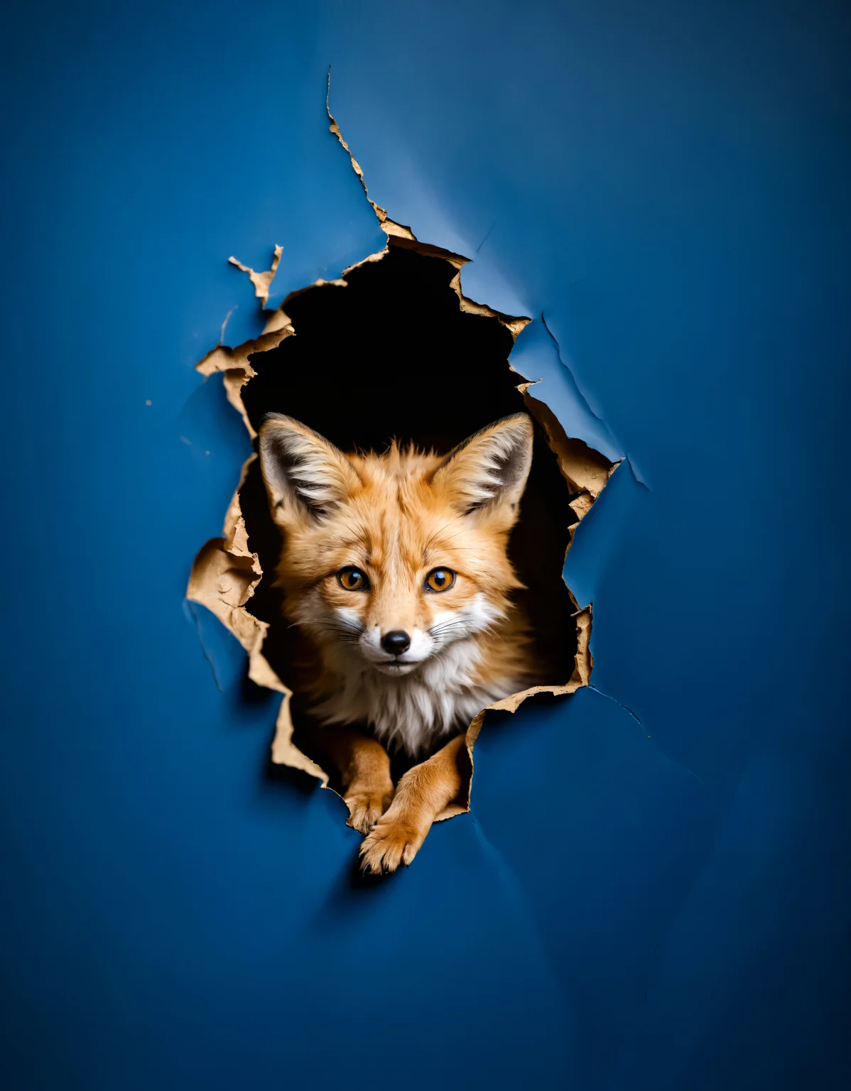 zavy-hlbckdrp, macro shot of a golden fox bursting through a hole in blue foreground wallpaper, blue wallpaper, 100mm f/2.8 macro lens,