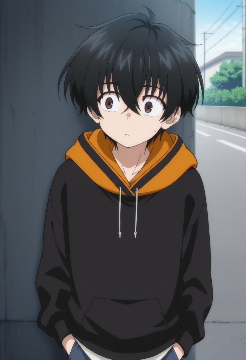 masterpiece,best quality,amazing quality, source_anime, 
KeitaroGentoga, 
1boy, male focus, solo, brown eyes, black hair, hoodie, black hoodie, orange hood, outdoor,