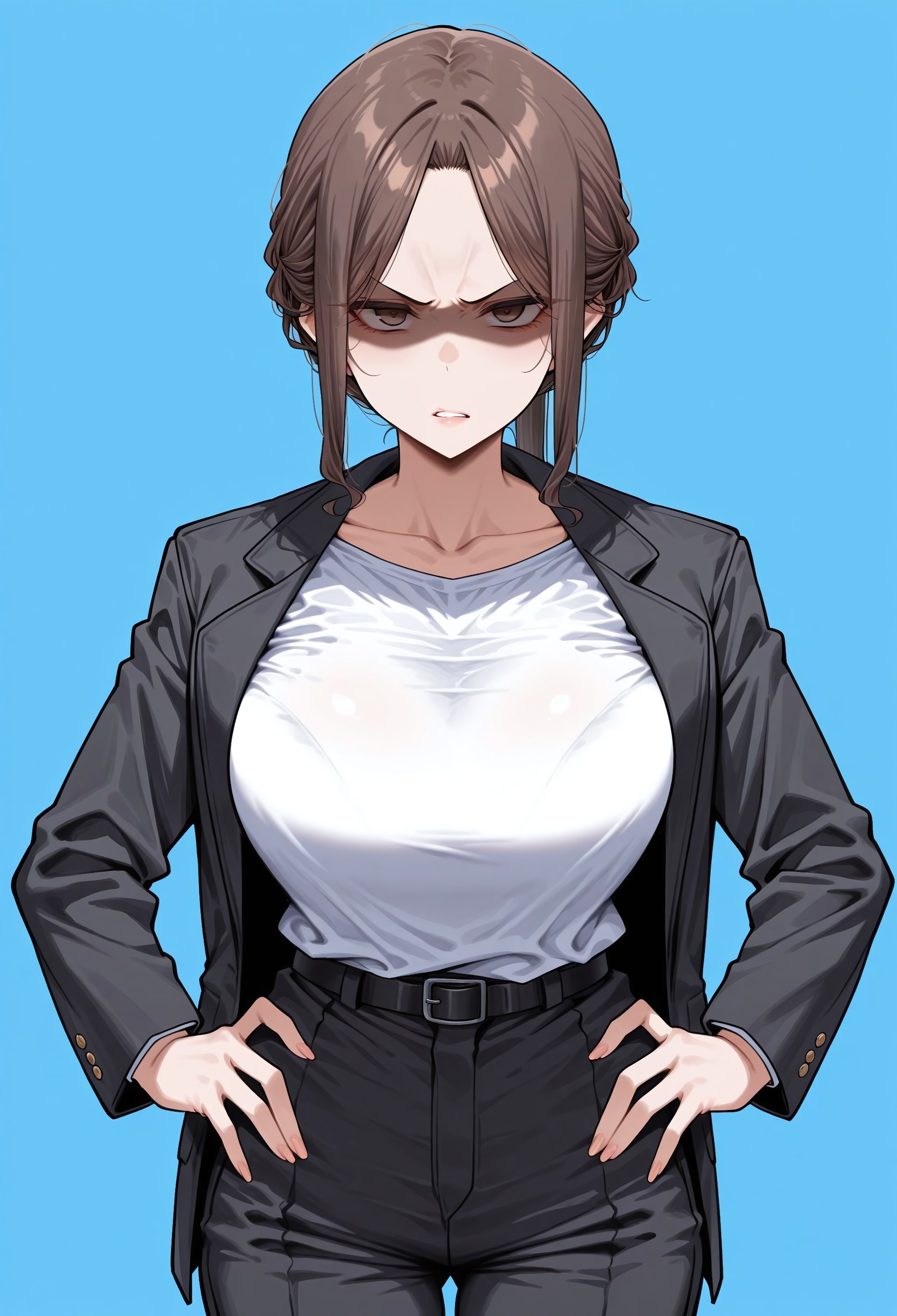 masterpiece, best quality, amazing quality, absurdres, 

tamak1_b0dyguard, 1girl, solo, brown hair, ponytail, parted bangs, sidelocks, brown eyes, lips, collarbone, large breasts, black jacket, long sleeves, white shirt, black pants, black belt, black footwear, loafers,

scowl, V-shaped eyebrows, shaded_face, standing, hands on the hips, cowboy shot, looking at viewer, simple background, blue background,