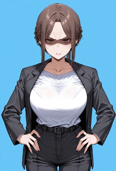masterpiece, best quality, amazing quality, absurdres,
tamak1_b0dyguard, 1girl, solo, brown hair, ponytail, parted bangs, sidelocks, brown eyes, lips, collarbone, large breasts, black jacket, long sleeves, white shirt, black pants, black belt, black footwear, loafers,
scowl, V-shaped eyebrows, shaded_face, standing, hands on the hips, cowboy shot, looking at viewer, simple background, blue background,