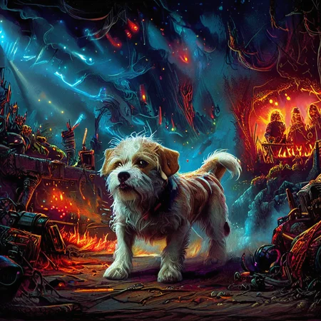 <lora:ZIP_SDXL:1> Hey dog looking at the viewer Wearing a helmet ready to go on an adventure 1980s style <lora:1980s_Fantasy_Style_test_2:0.8> 1980s Fantasy Style, vivid color <lora:Rock_Concert:0.8> r0ckc0ncert, on stage, light show, smoke, band, instruments <lora:tbh160-sdxl:0.8> style of Dan Mumford