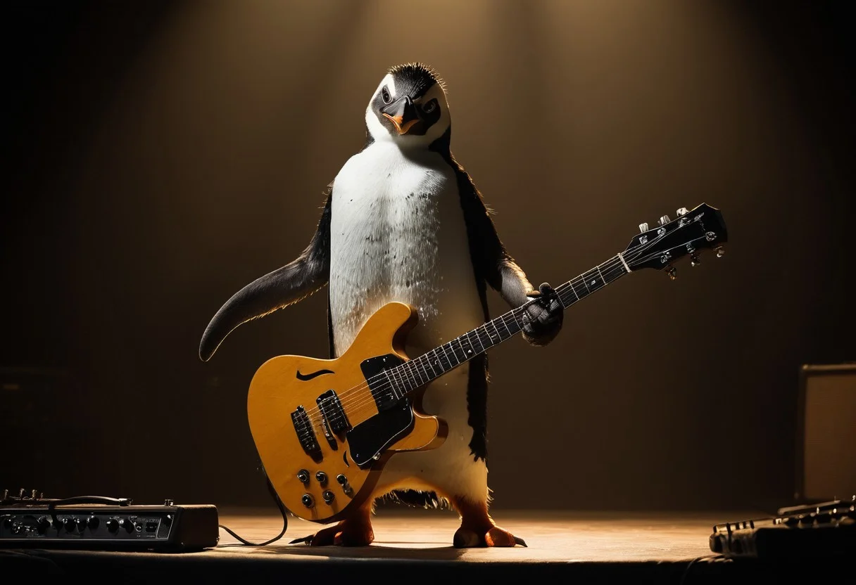 masterpiece, best quality, good quality, a punk rock penguin, guitar, musical instrument, holding stage, spotlight, mohawk, playing guitar, indoor, dramatic lighting, surreal, abstract,