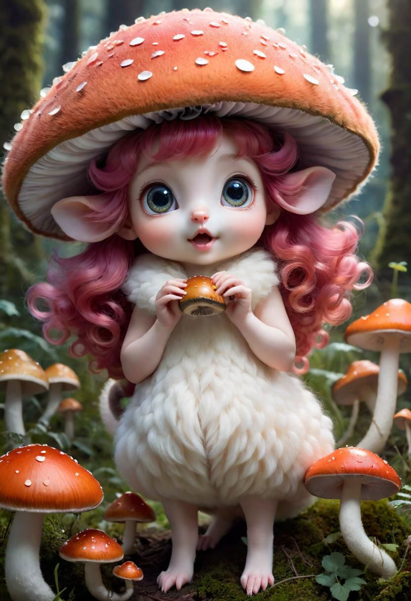Mix the mushrooms, mouse and curly fur to create adorable magical creature with big glowing eyes, masterpiece, Surrealism, close-up, macro photo, f/1.2, backlighting, Albert Edelfelt, multicolored hair