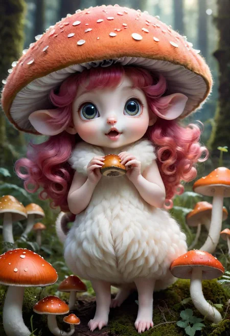 Mix the mushrooms, mouse and curly fur to create adorable magical creature with big glowing eyes, masterpiece, Surrealism, close-up, macro photo, f/1.2, backlighting, Albert Edelfelt, multicolored hair